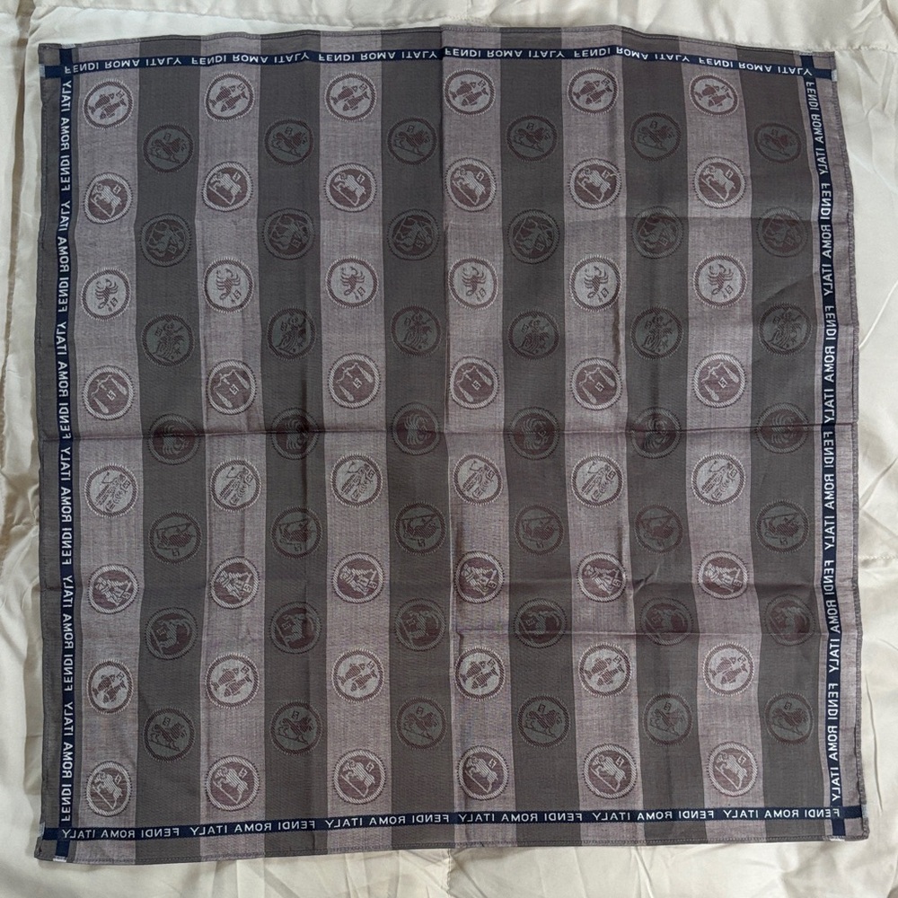 Fendi Roma Italy Zodiac Scarf Handkerchief Pocket Square gray black stripes 18” - Picture 3 of 14